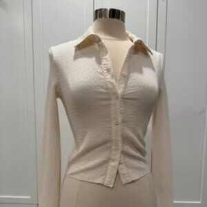 Cider Cream Textured Button Down Blouse Long Sleeve Fitted Top (S)